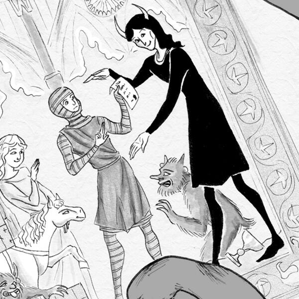 Rysunek z komiksu "Pierwszy stopień". Przedstawia rycerza z cyrografem w ręku, przebywającego w towarzystwie diabła.